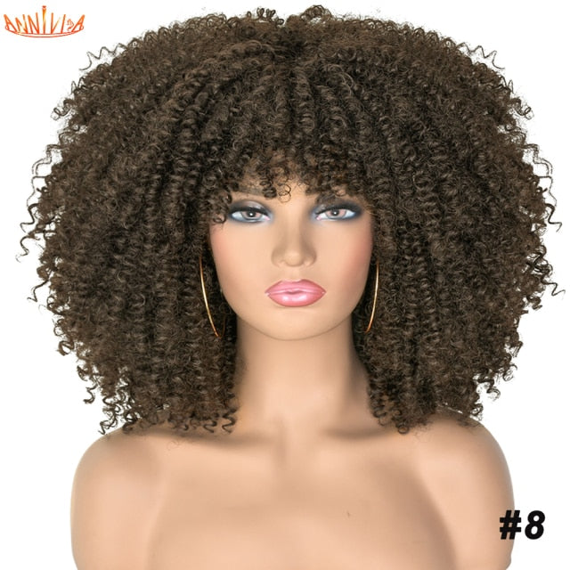 Short Hair Afro Kinky Curly Synthetic Wigs With Bangs