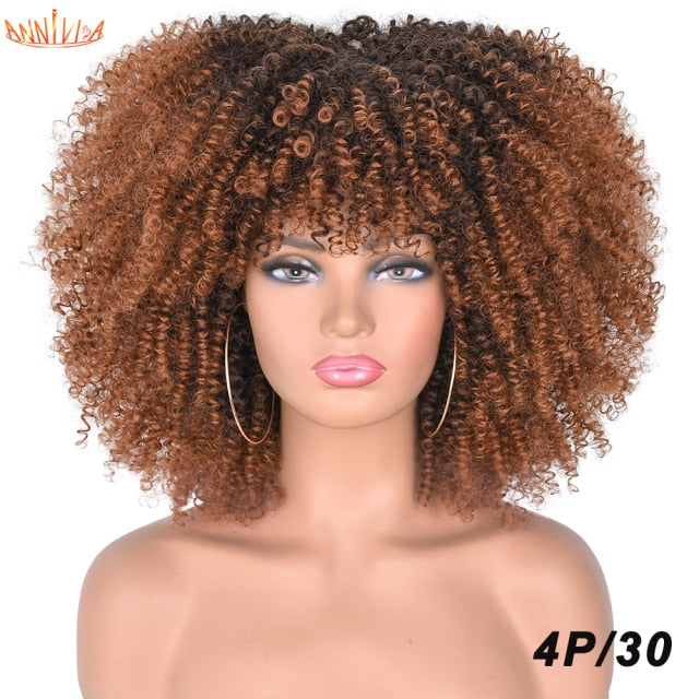 Short Hair Afro Kinky Curly Synthetic Wigs With Bangs