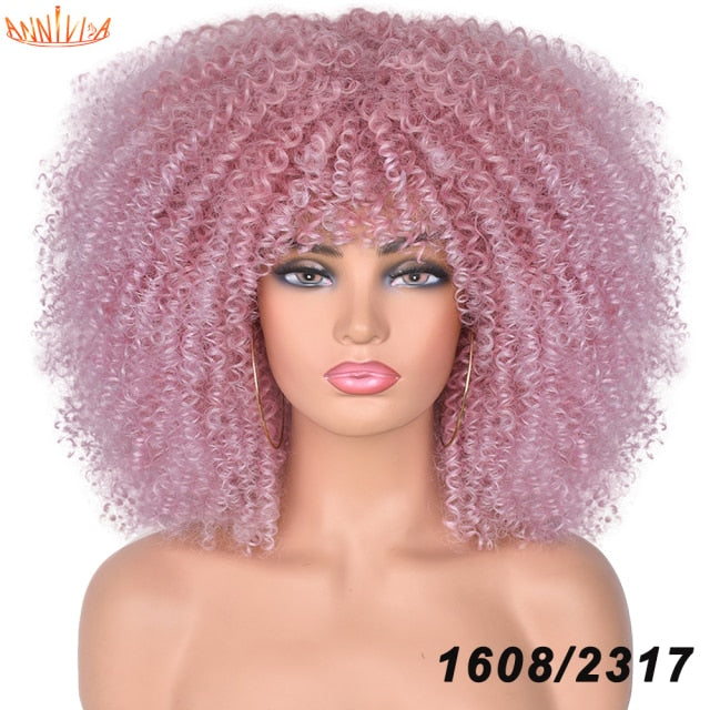 Short Hair Afro Kinky Curly Synthetic Wigs With Bangs