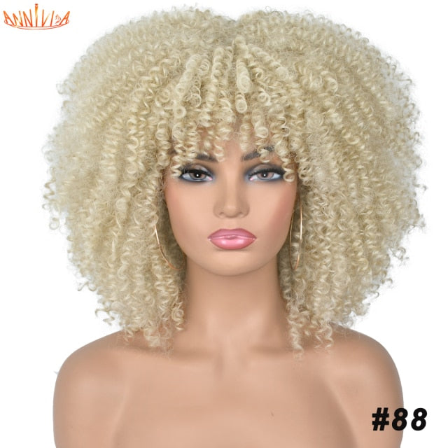Short Hair Afro Kinky Curly Synthetic Wigs With Bangs