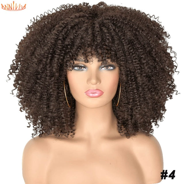 Short Hair Afro Kinky Curly Synthetic Wigs With Bangs