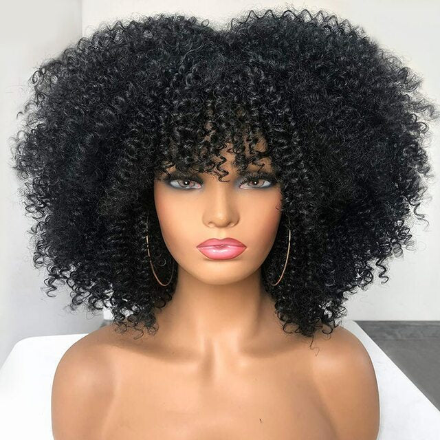 Short Hair Afro Kinky Curly Synthetic Wigs With Bangs