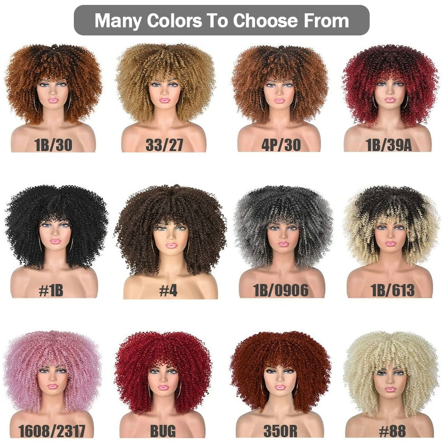 Short Hair Afro Kinky Curly Synthetic Wigs With Bangs